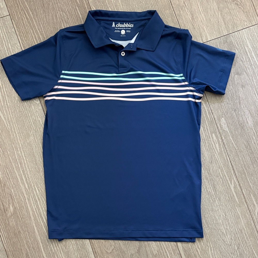 Kids Chubbies Navy Polo with Pastel Horizontal Stripes NWOT Youth Large